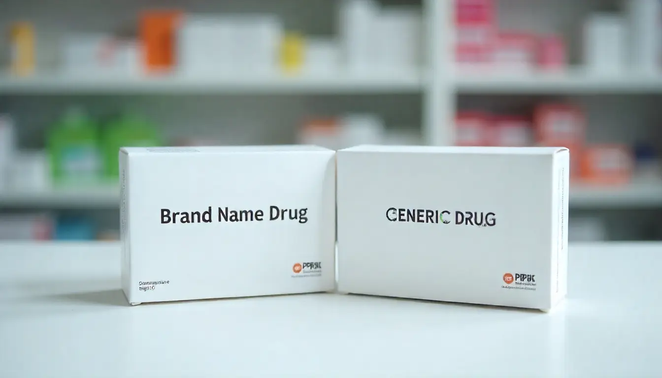 Comparison of brand-name and generic medicine boxes side by side on a pharmacy counter.