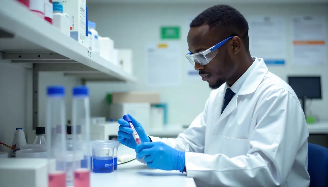Kenyan laboratory technician testing medicine samples to verify quality under PPB standards.