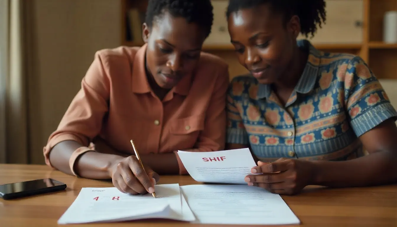 Kenyan couple organizing their chronic medication at home while checking SHIF registration on a smartphone.