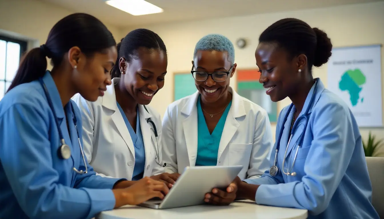 Kenyan healthcare team reviewing SHIF implementation data in a health facility.