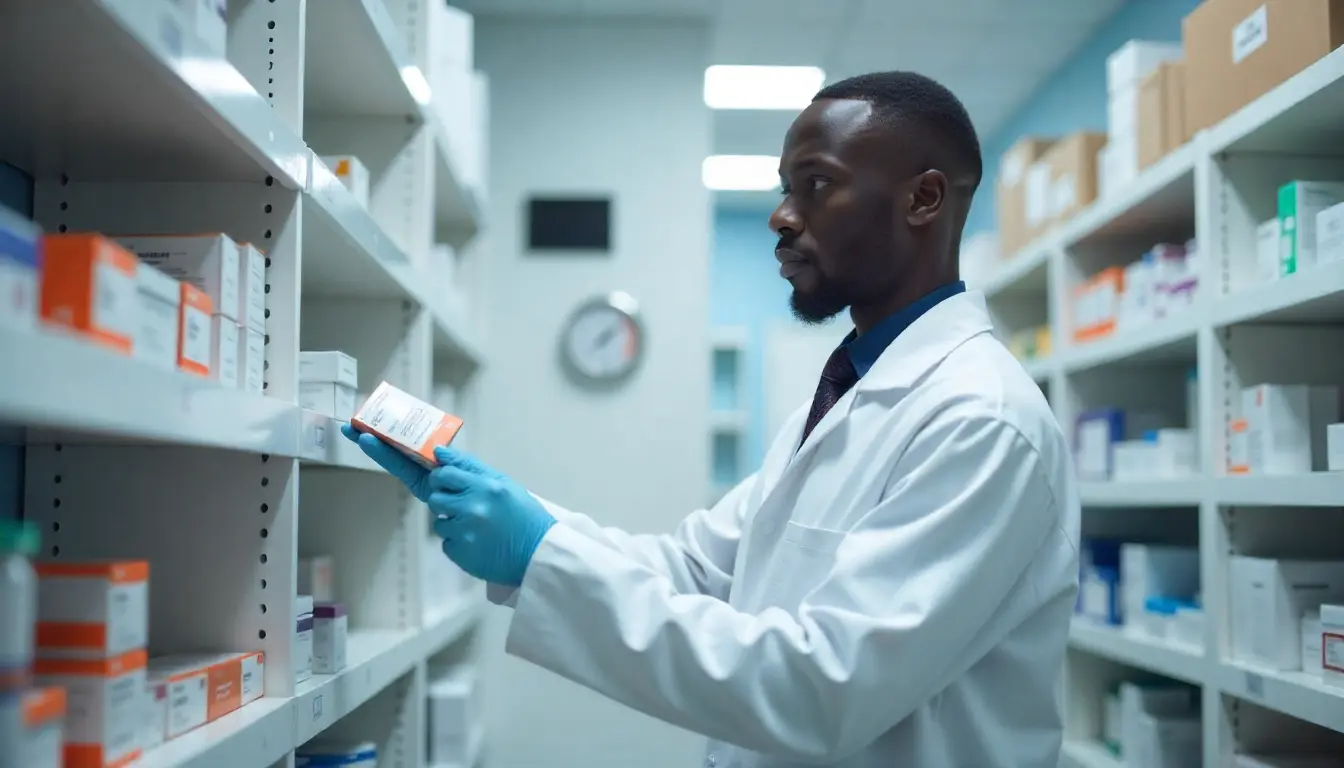 Kenyan pharmacist checking temperature-controlled storage conditions for pharmaceutical products.