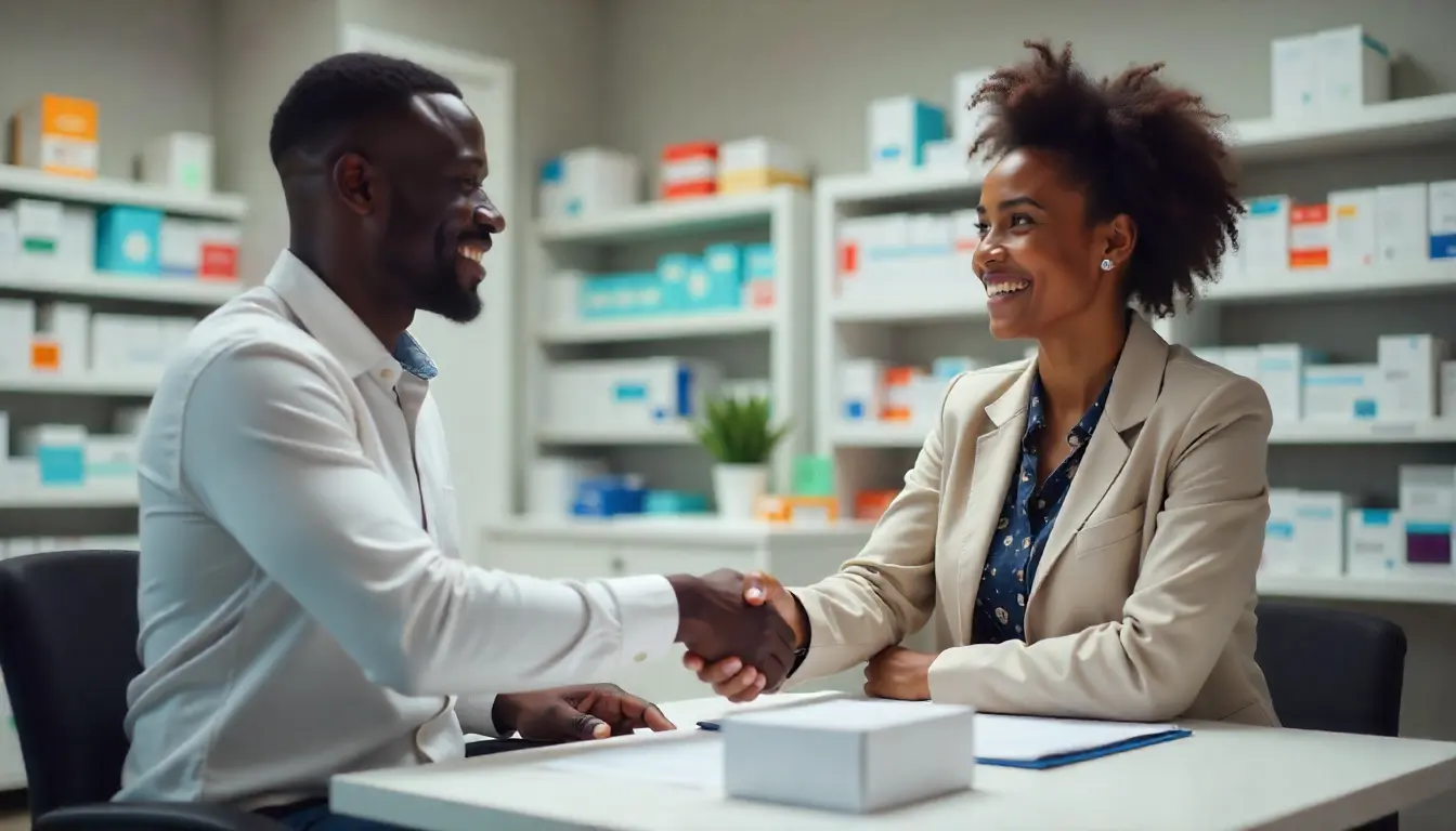 Kenyan pharmacy owner and distributor representative shaking hands to confirm a pharmaceutical supply partnership.