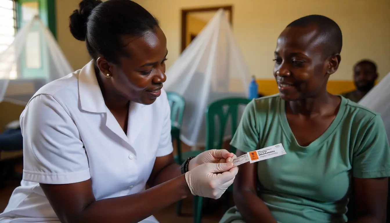 Kenyan nurse giving Artemether-Lumefantrine malaria treatment to a patient in a clinic.