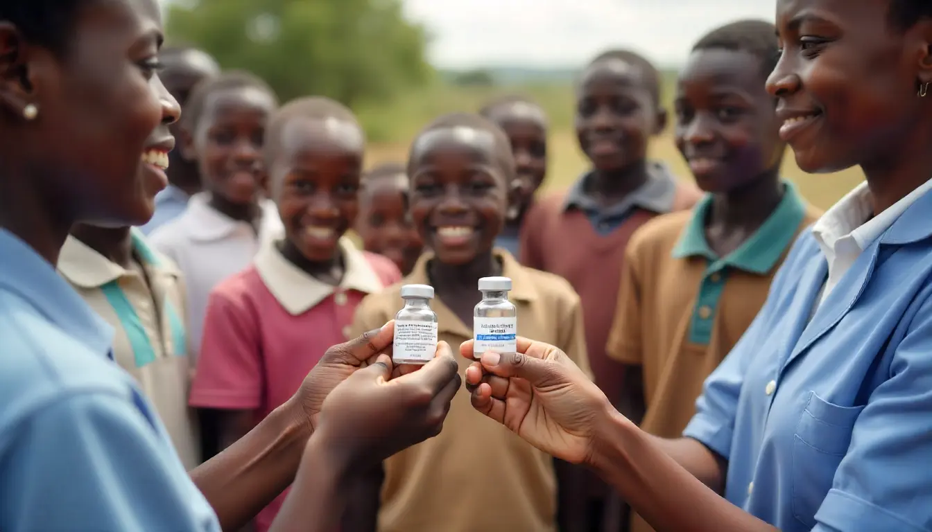 Kenyan health workers displaying malaria vaccines and nets during a community awareness event.