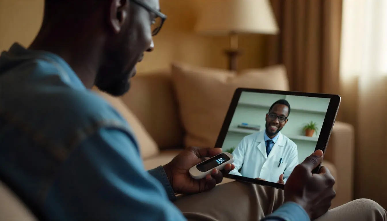 enyan man checking blood sugar at home while receiving guidance from a pharmacist via video call.