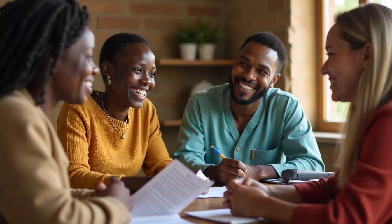Community health group in Kenya discussing diabetes and hypertension management with a healthcare professional.