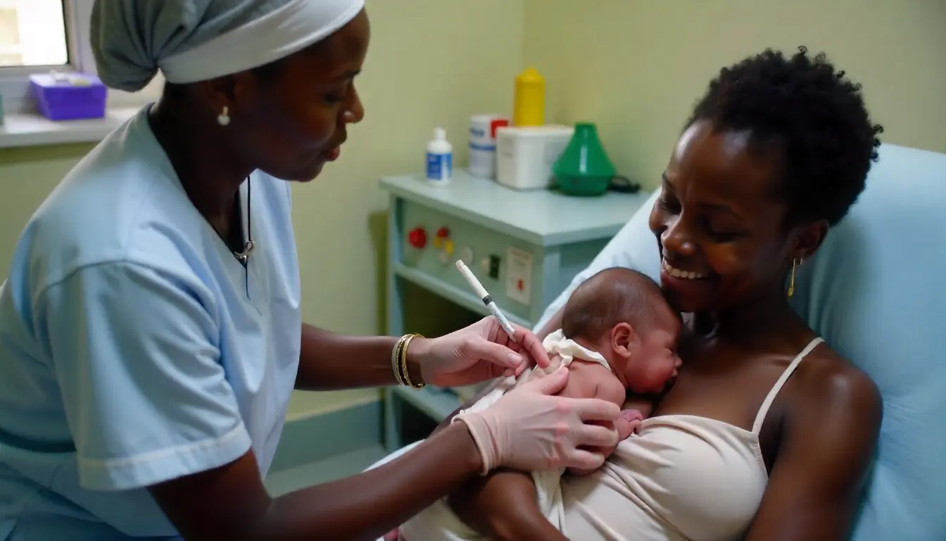 Kenyan midwife administering Oxytocin to prevent postpartum bleeding after delivery.